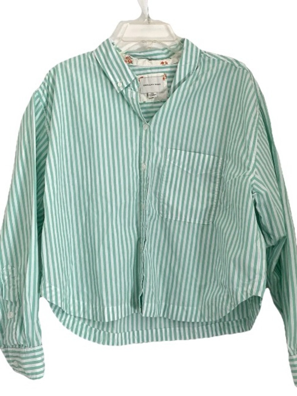 American Eagle Shirt Striped Poplin Cropped Button Down Women’s L Mint Green NEW